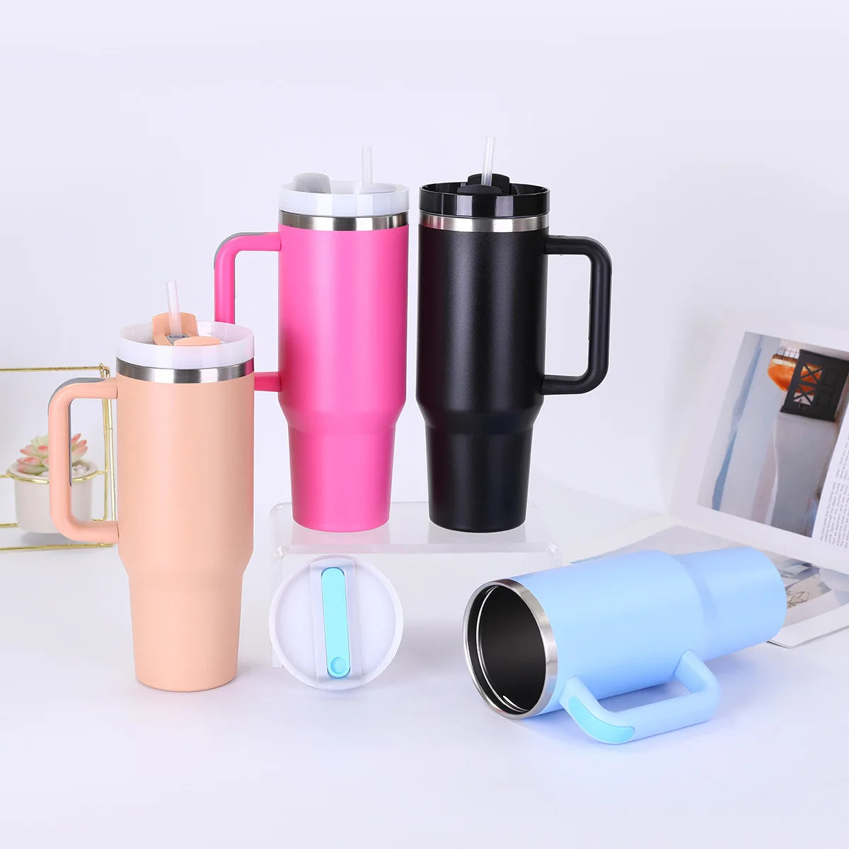 40oz Stainless Steel Tumbler with Handle & Straw Lid