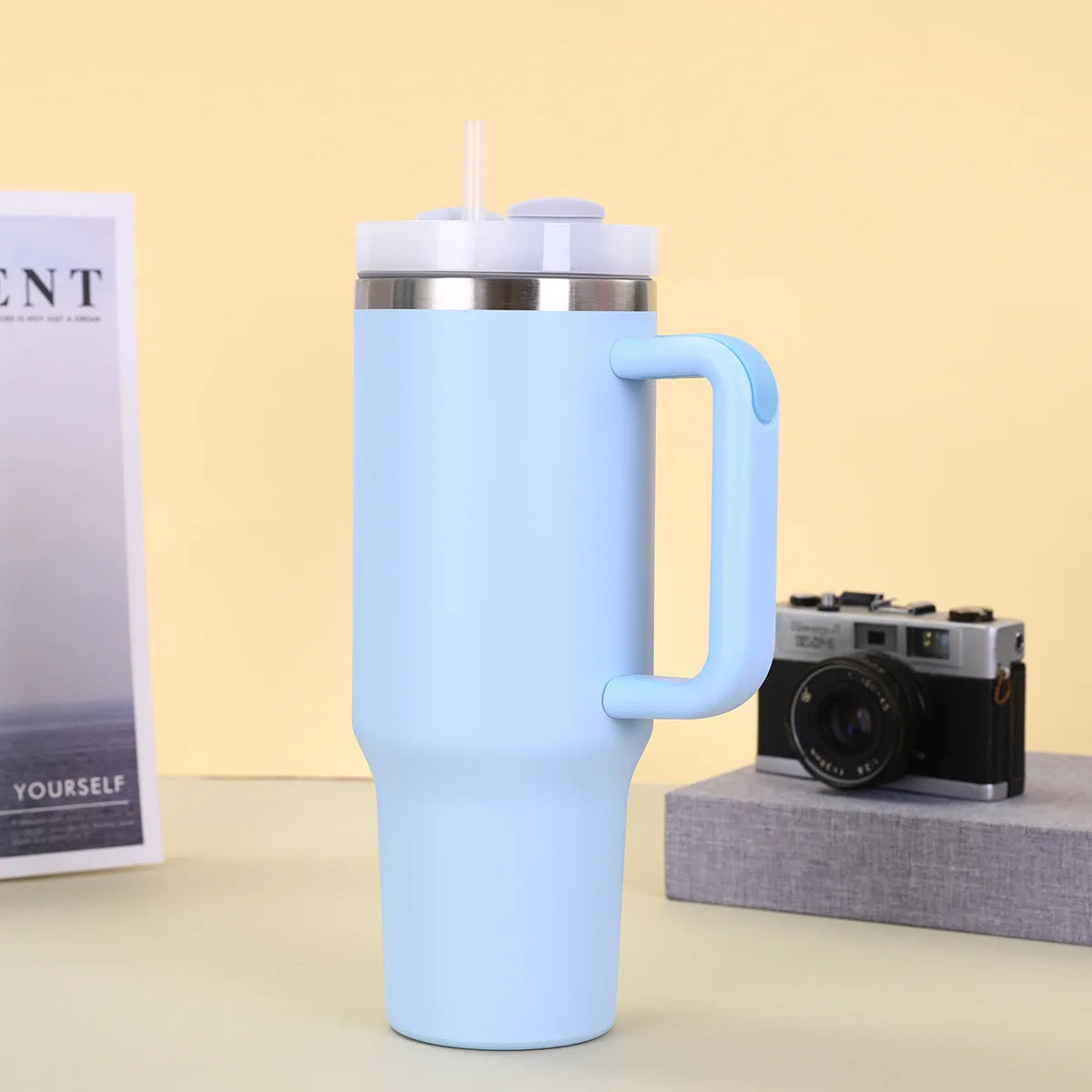 40oz Stainless Steel Tumbler with Handle & Straw Lid